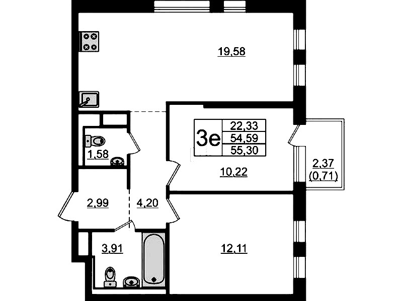 2-комнатная квартира 55.3 м², 7/12 эт., ЖК «Новые Лаврики»